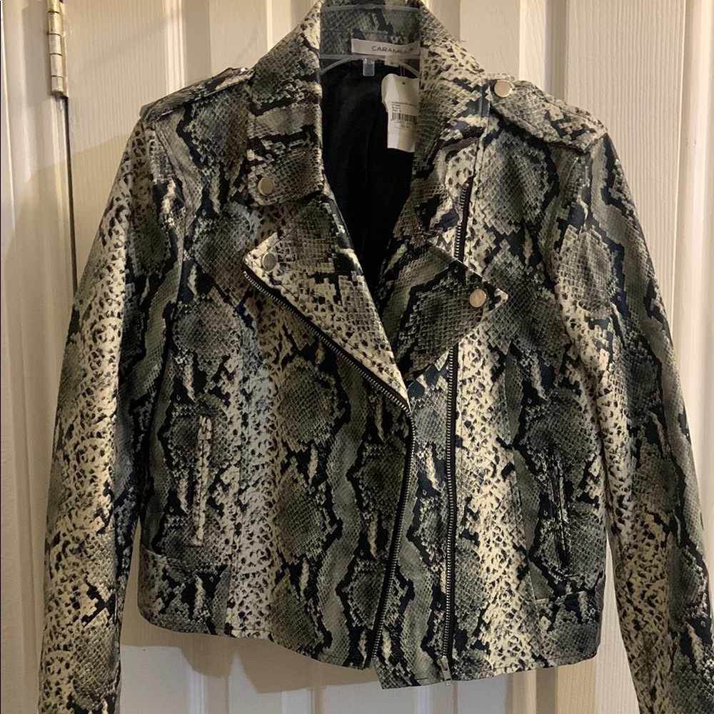 Caramel Women's Leather Jacket with Snake Print - Black and Cream